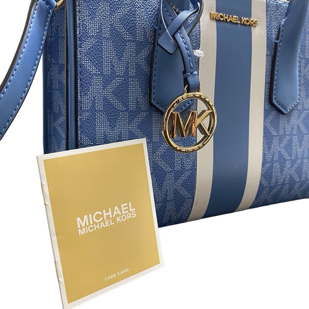 New MICHAEL KORS CENTER STRIPE MAPLE SM SATCHEL BRT BLUE WHITE CROSSBODY BAG - Picture 13 of 14